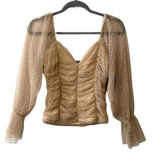Madi Mase Nude Tan Ruched Front Long Sleeve Polka Dot Mesh Crop Top